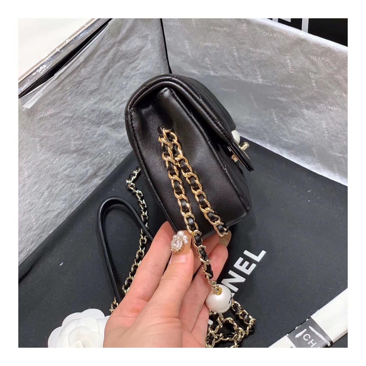 Chanel Small Pearl Logo Strap Flap Bag AS1436 Black