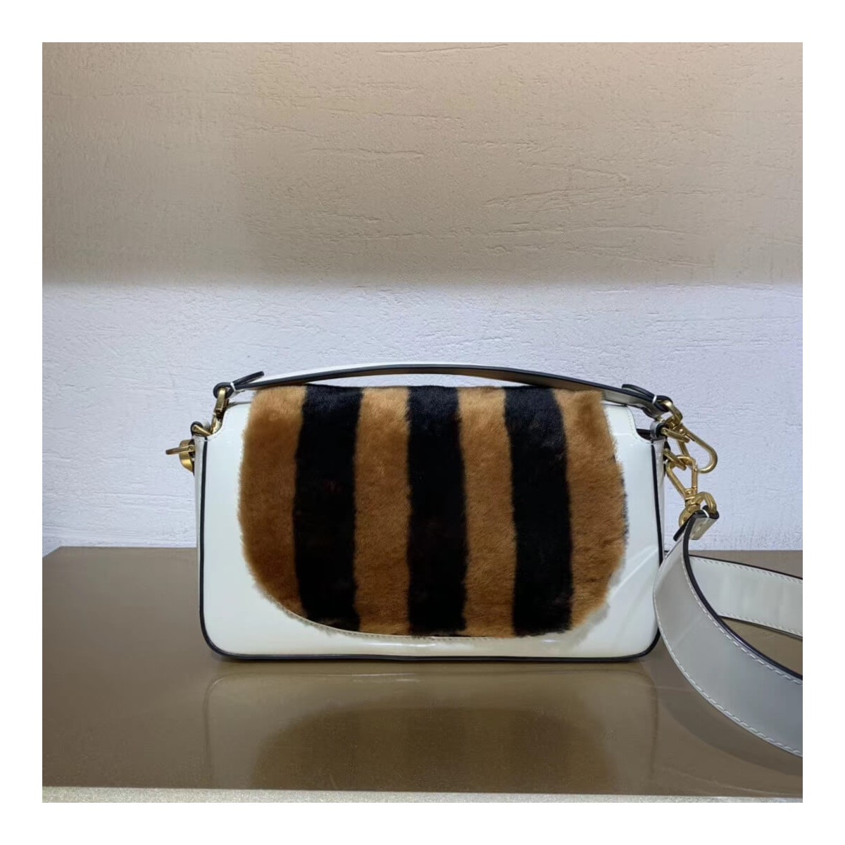 Fendi Patent Leather And Sheepskin Baguette Bag 8BR600