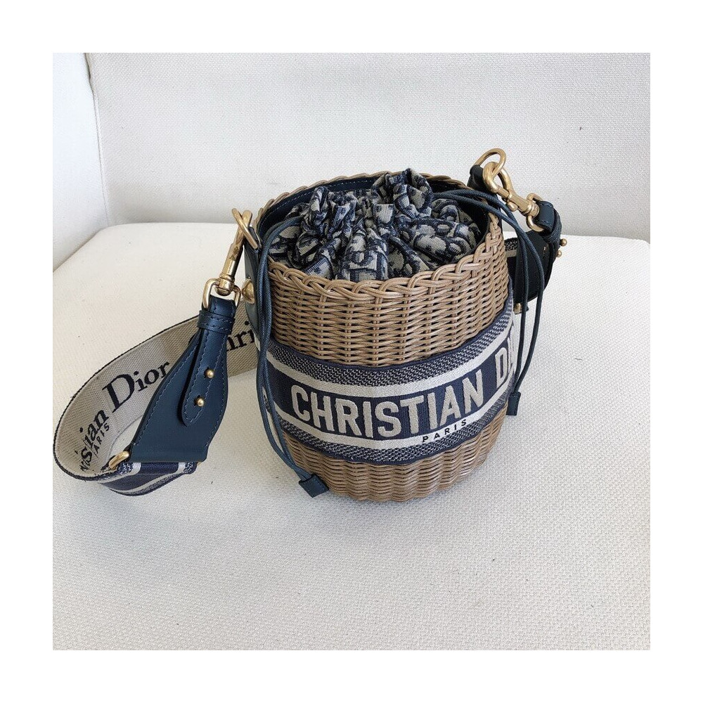 Christian Dior Wicker Basket Shoulder Bag Blue Oblique M7600