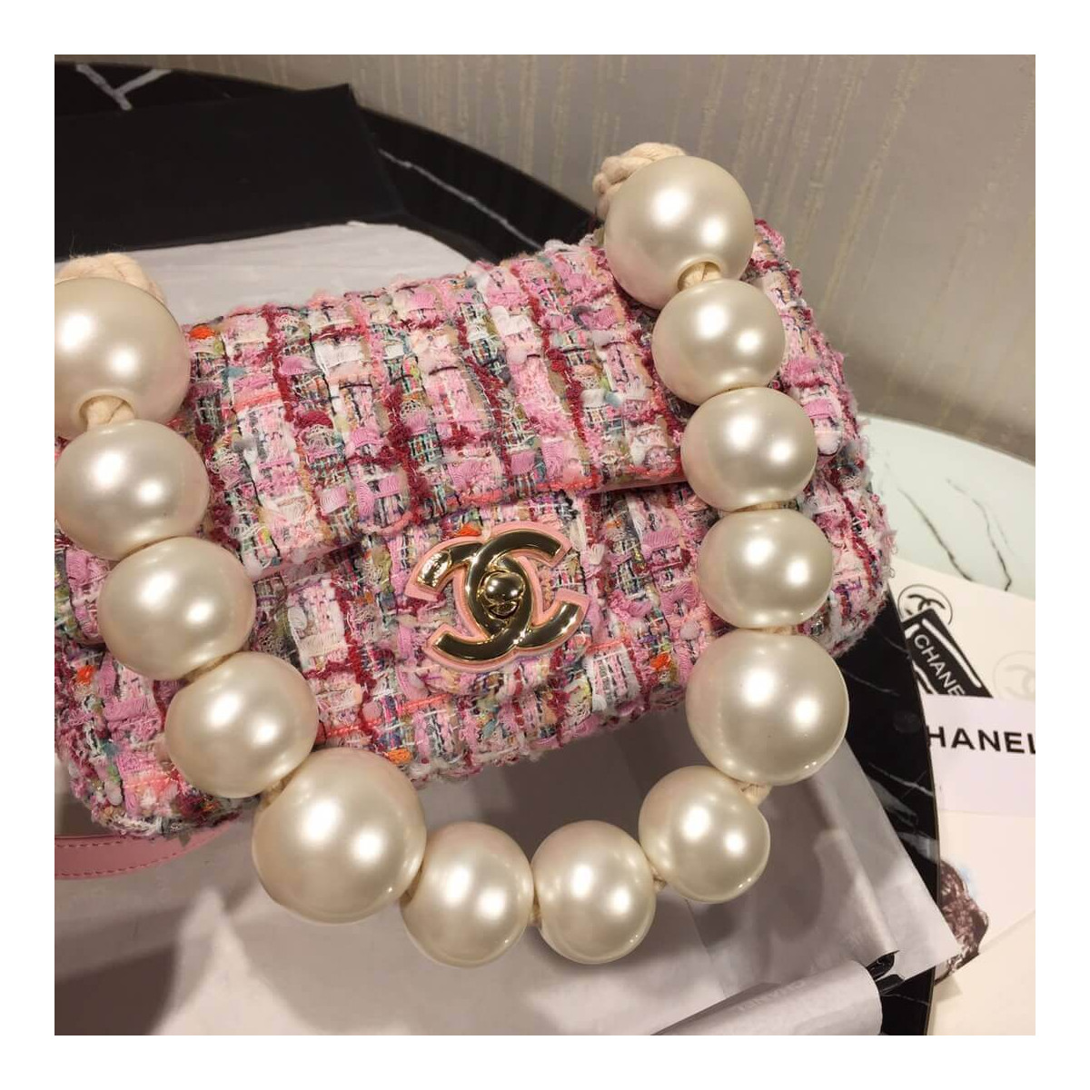 Chanel Tweed Flap Bag With Large Pearl Handle AS0593