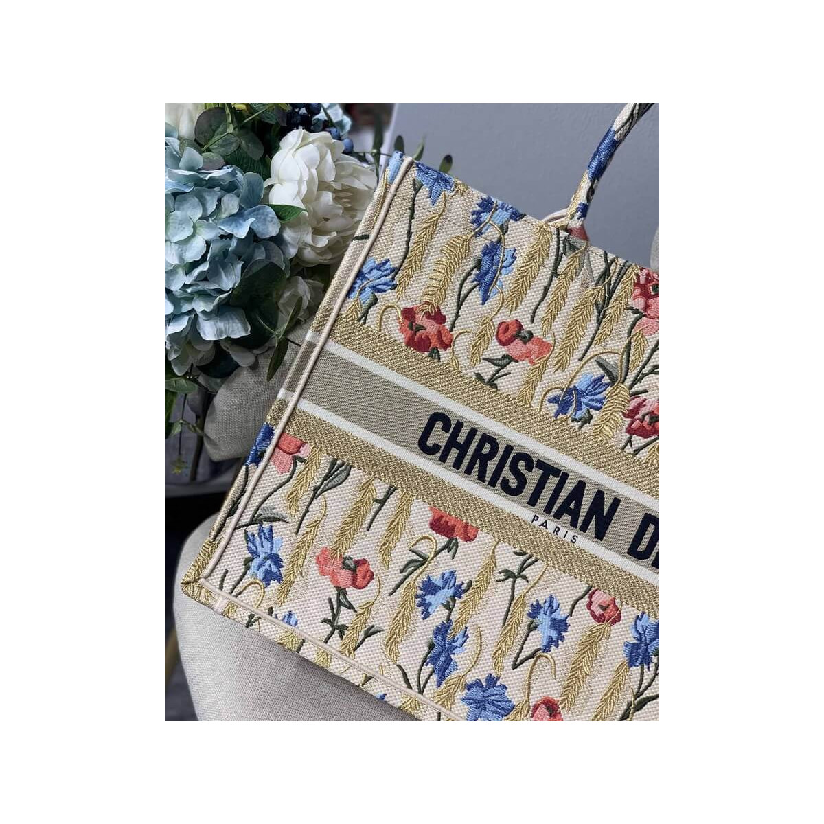 Dior Book Tote in Hibiscus Metallic Thread Embroidery M1286