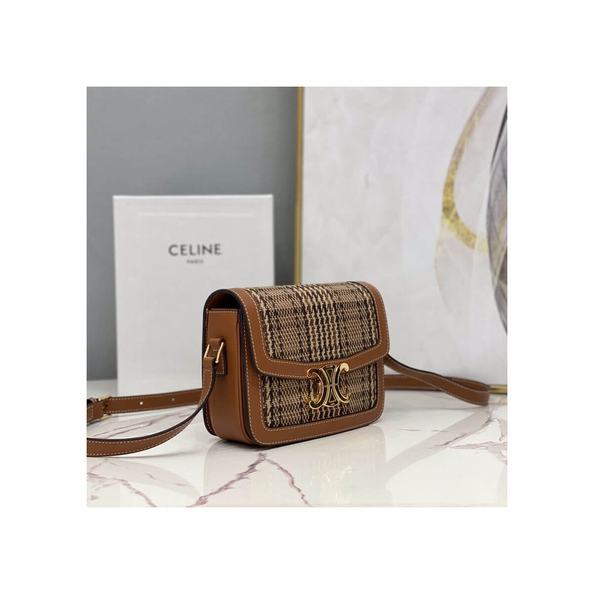 Celie Teen Triomphe Bag in Triomphe Textile and Calfskin 188882 Brown/Tan