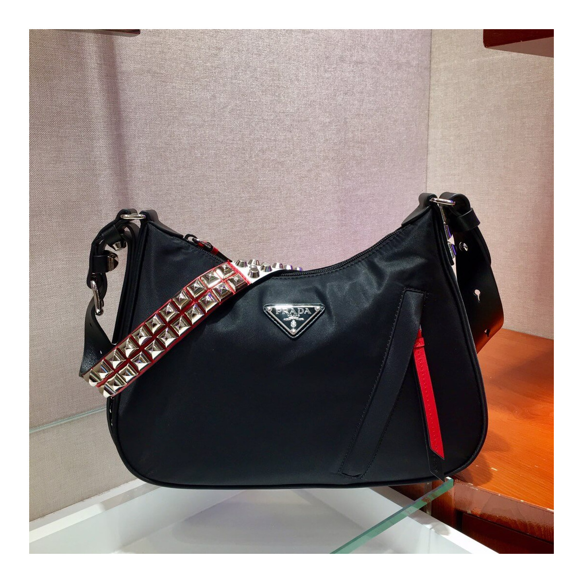 Prada Nylon Hobo Bag With Leather And Studs 1BC087