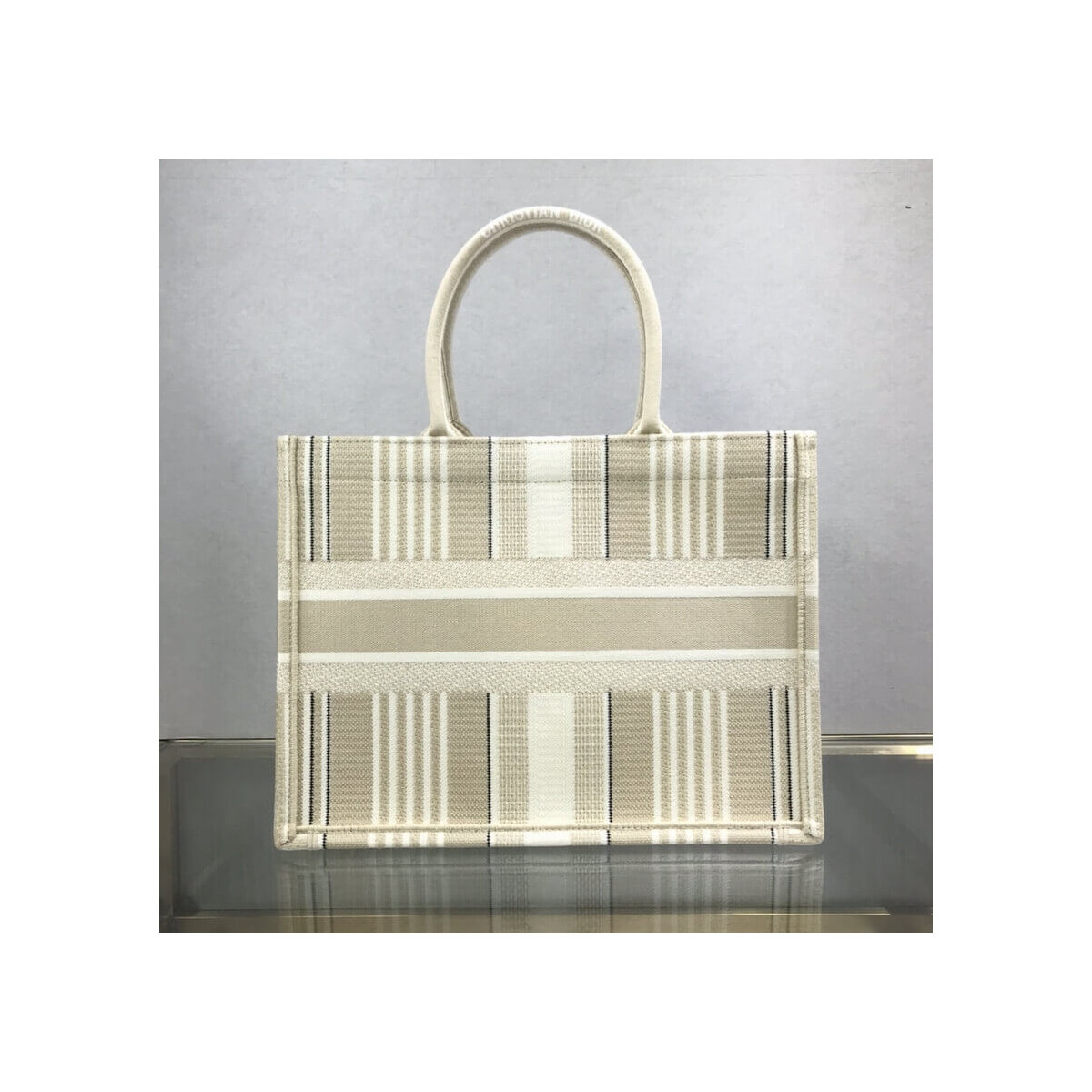 Dior Small Book Tote Beige Stripes Embroidery M1296