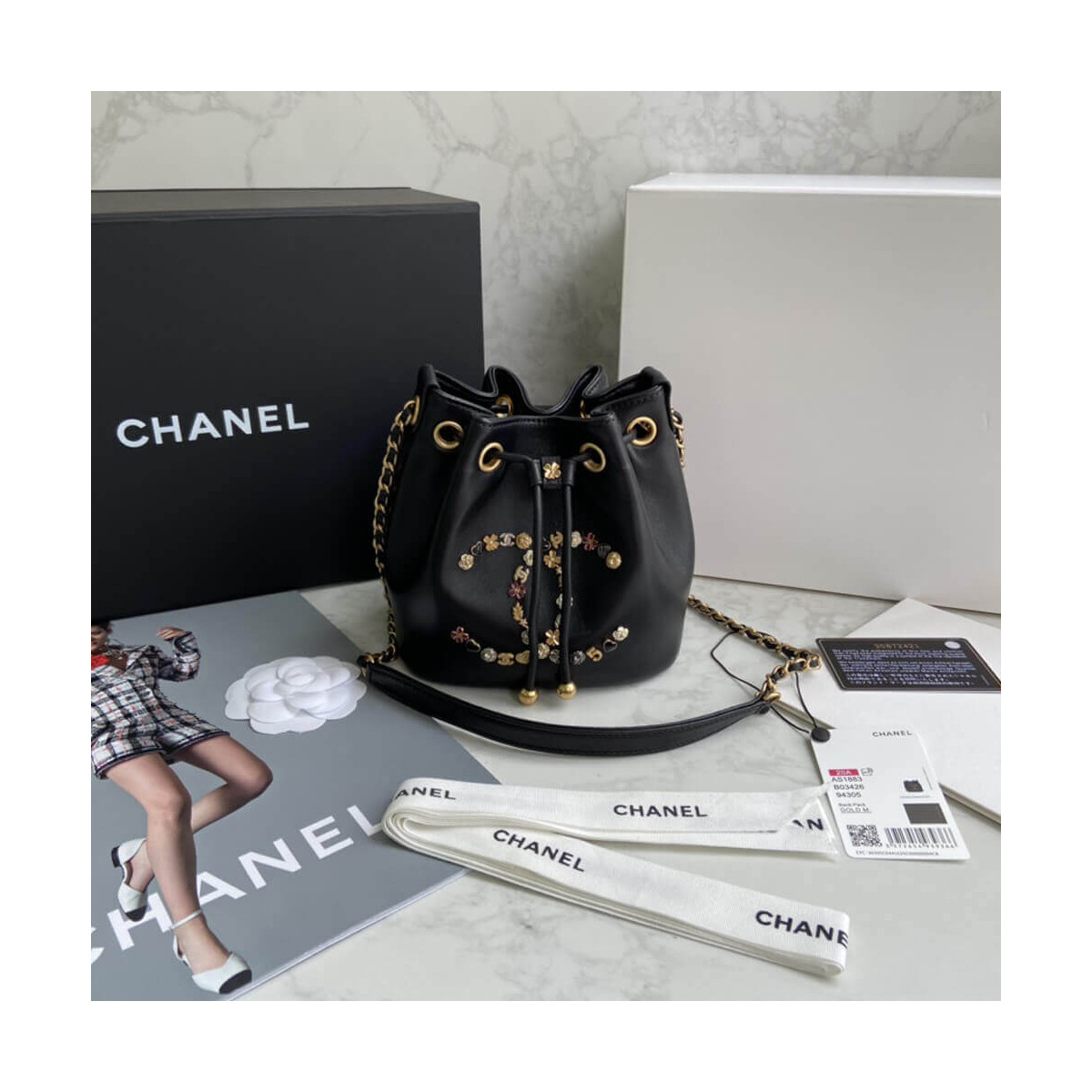 Chanel Studded CC Detail Drawstring Bucket Bag AS1883