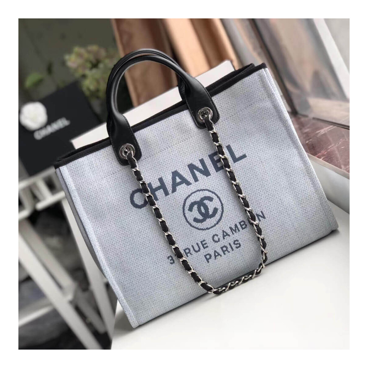 Chanel Deauville Tote 38cm Canvas Bag A66941 Light Grey/Black