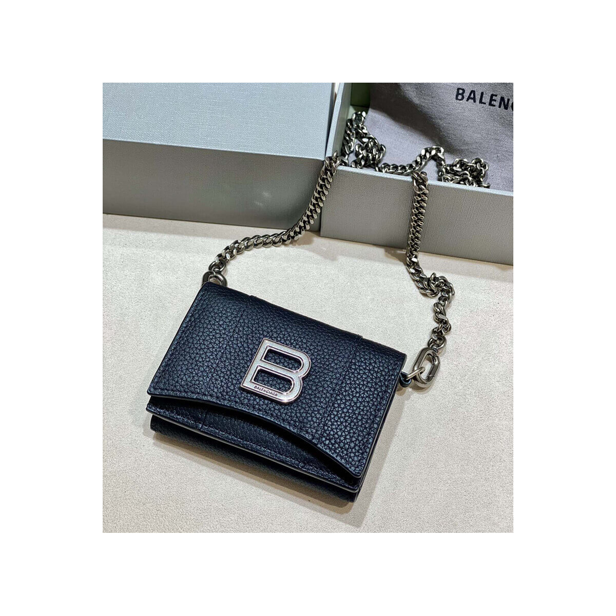 Balenciaga Black Hourglass Chain Strap Leather Wallet