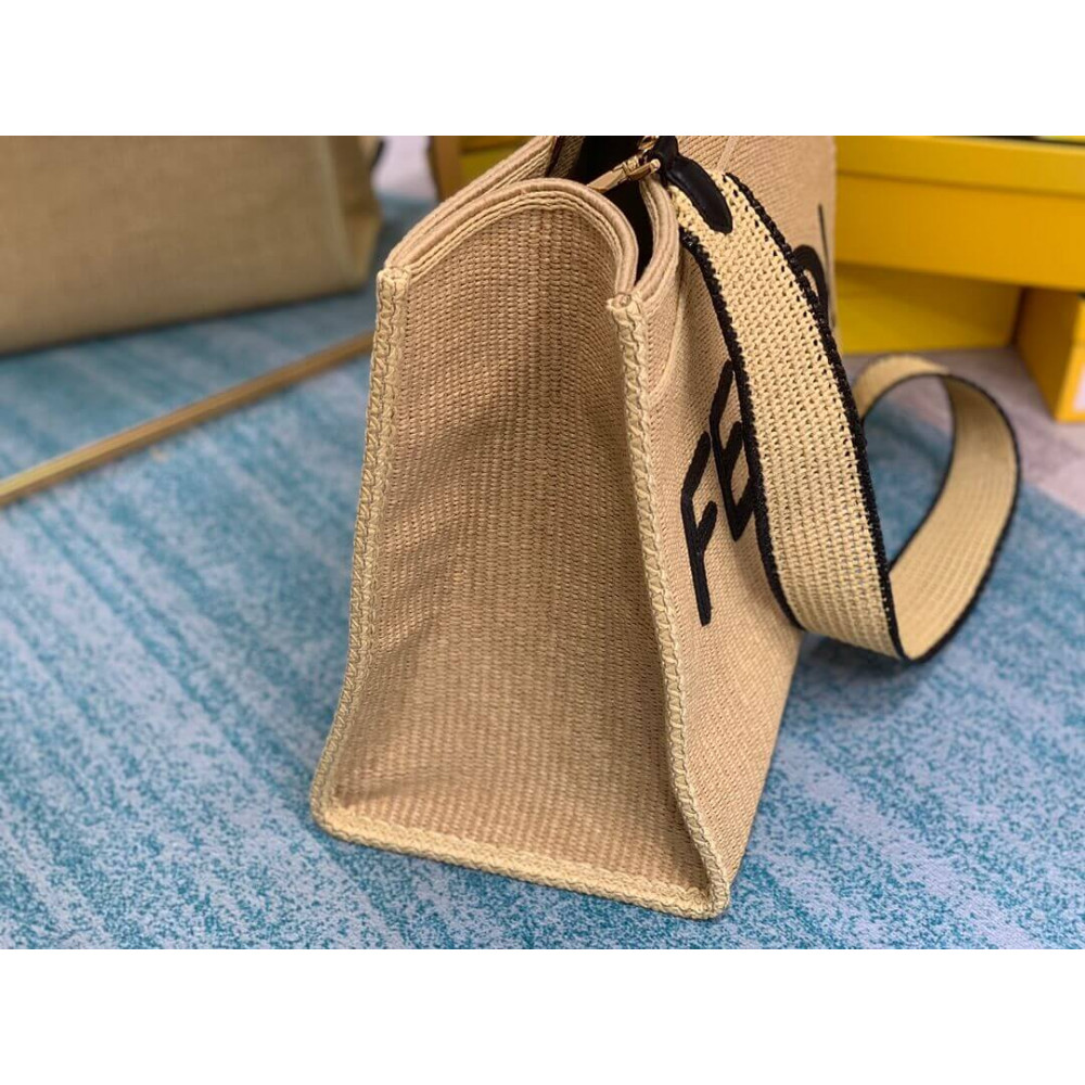 Fendi Sunshine Large Shopper Woven Raffia Tote 8BH372 Beige