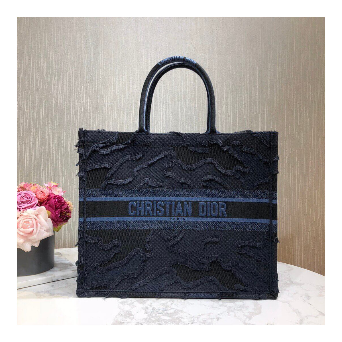 Christian Dior Book Tote Blue Camouflage Embroidery M1286