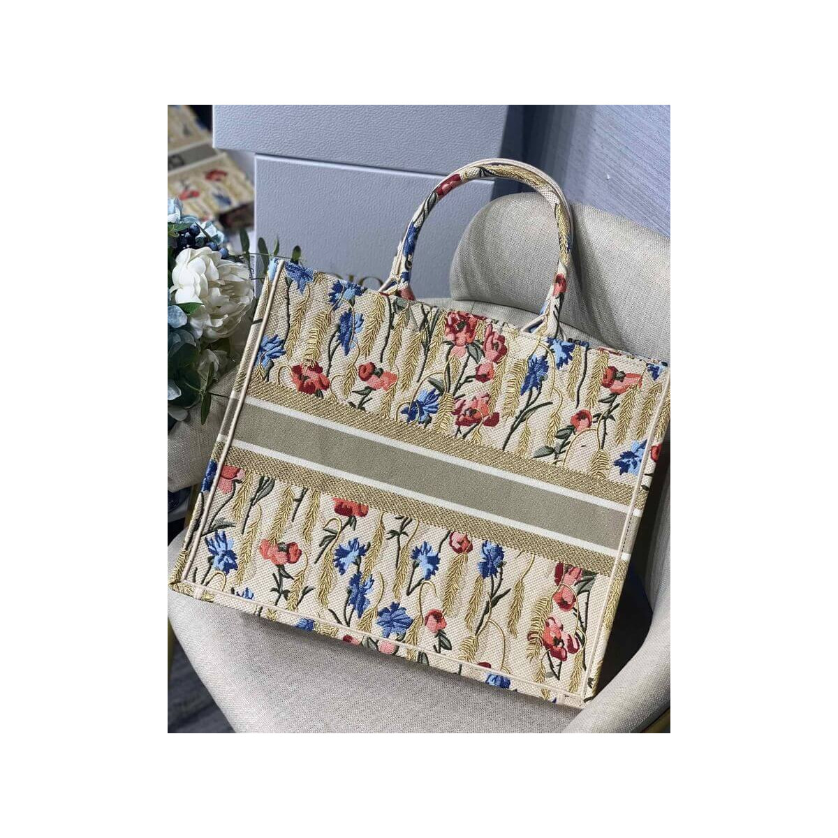 Dior Book Tote in Hibiscus Metallic Thread Embroidery M1286