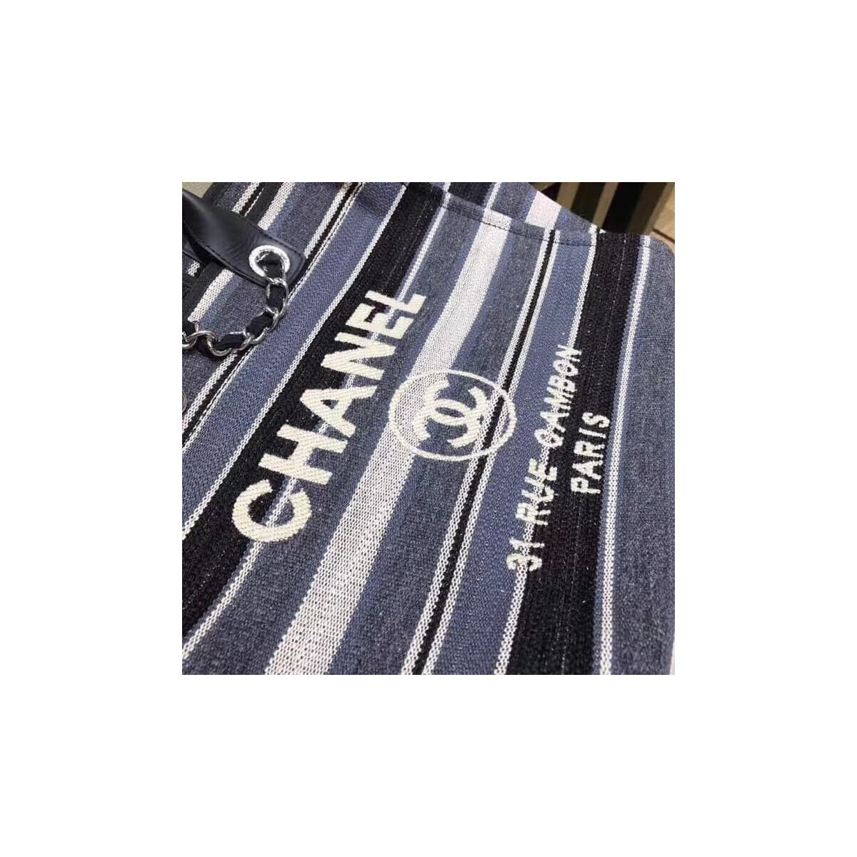 Chanel Deauville Black Grey Striped Tweed Canvas Tote A66941