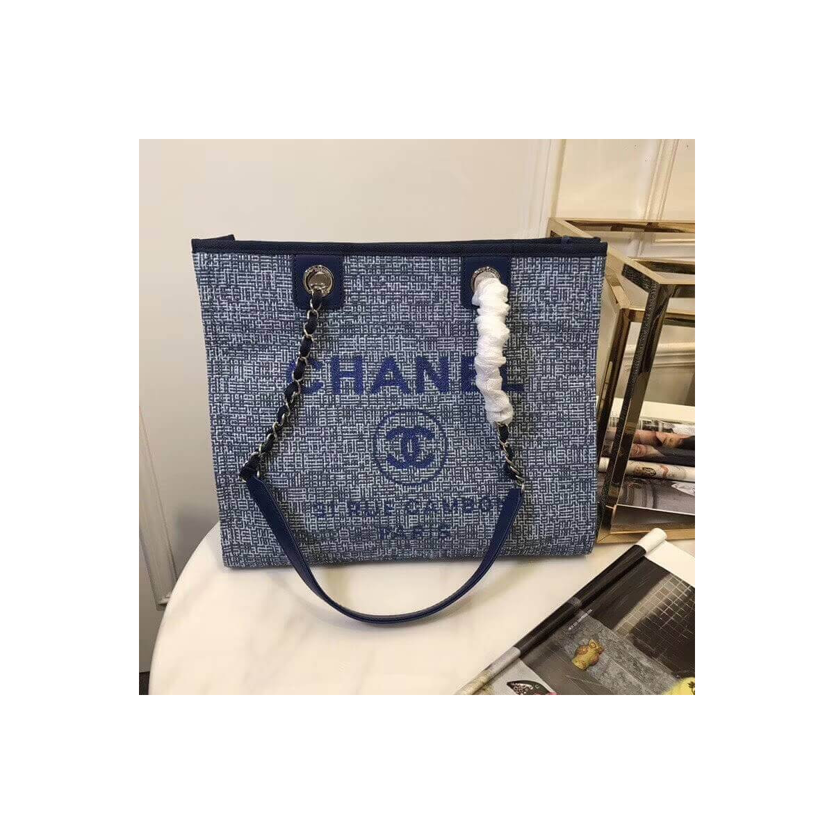 Chanel Deauville Chain Shoulder Tote 33cm Canvas Bag A66939