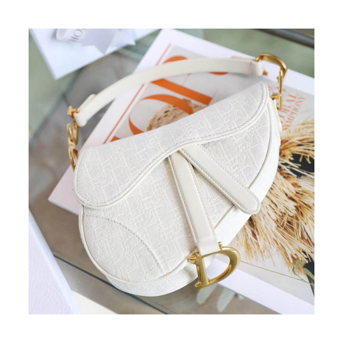 Christian Dior Mini Saddle Bag in White Oblique Jacquard M0447