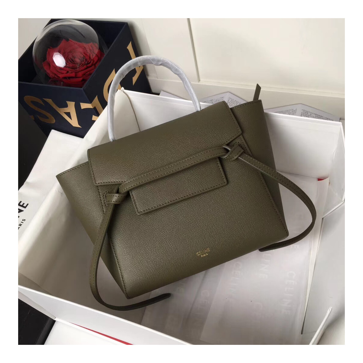 Celine Micro Belt Bag In Grained Calfskin 189153 Army Green