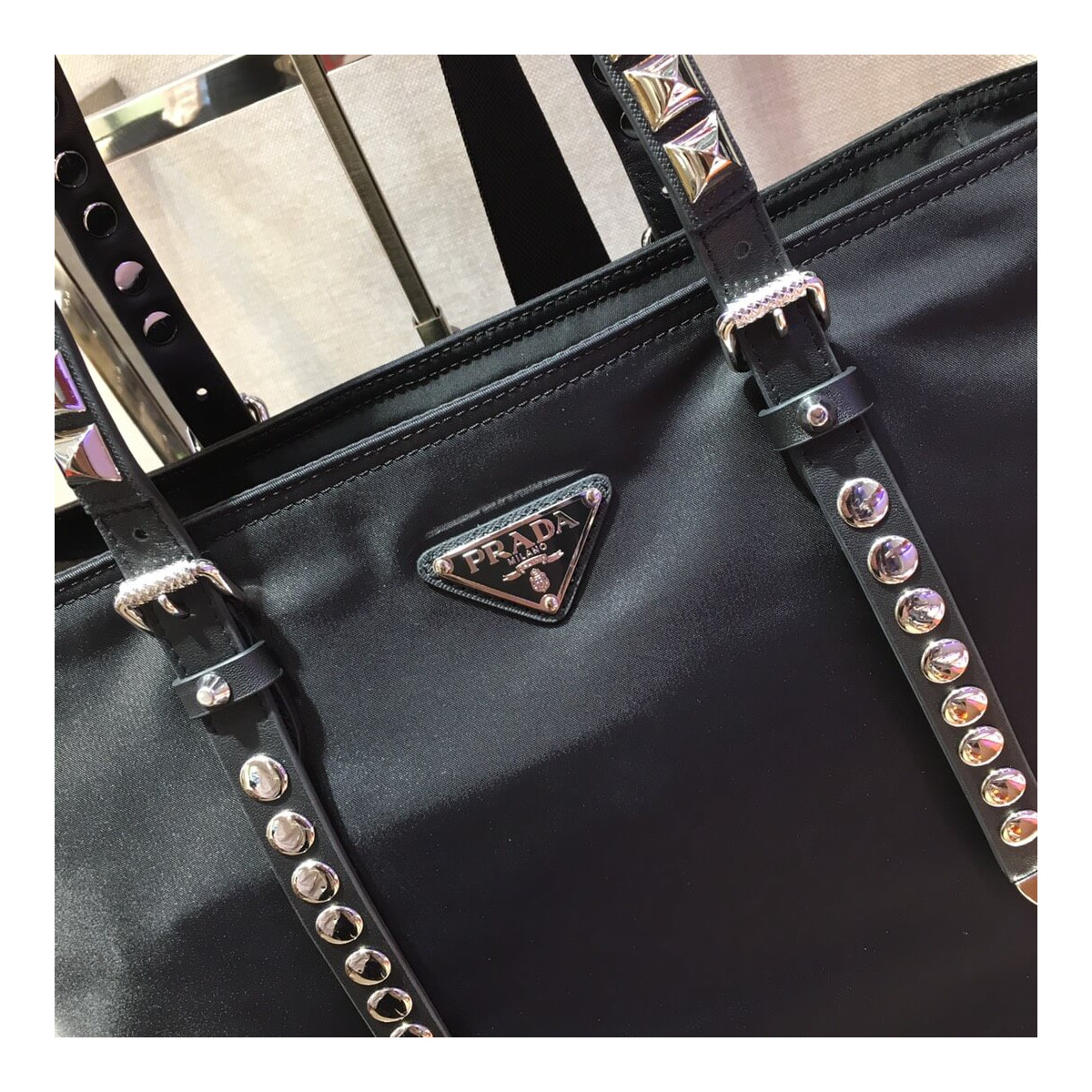 Prada Black Nylon Tote With Leather And Studs 1BG212