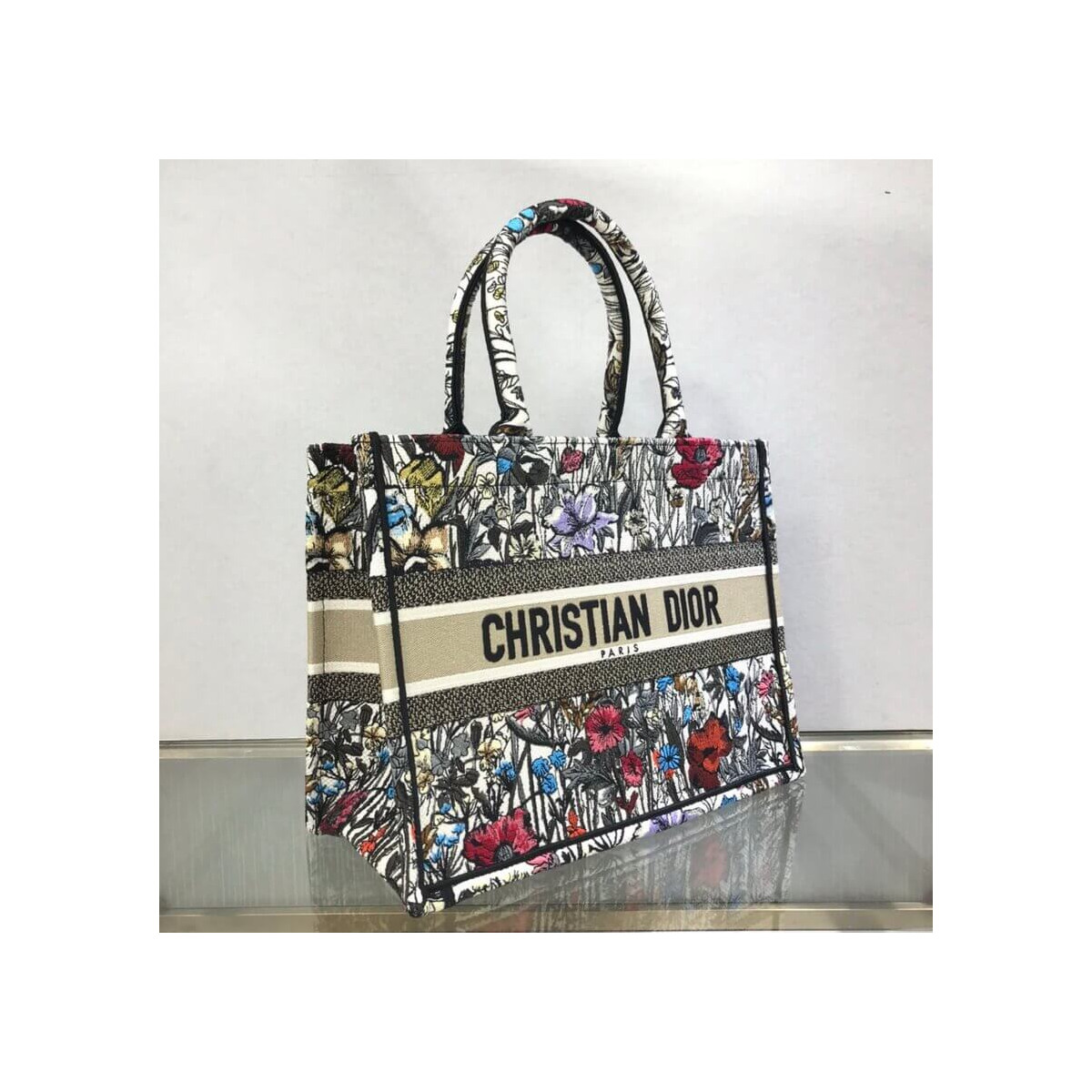 Dior Small Book Tote Multicolor Mille Fleurs Embroidery M1296