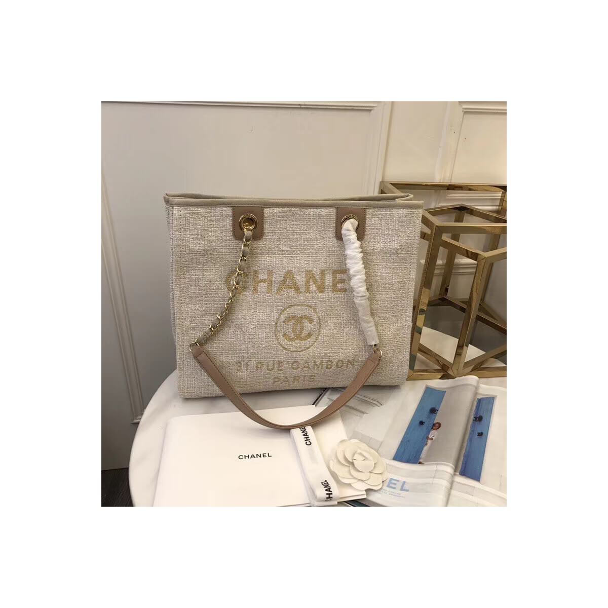 Chanel Deauville Chain Shoulder Tote 33cm Canvas Bag A66939