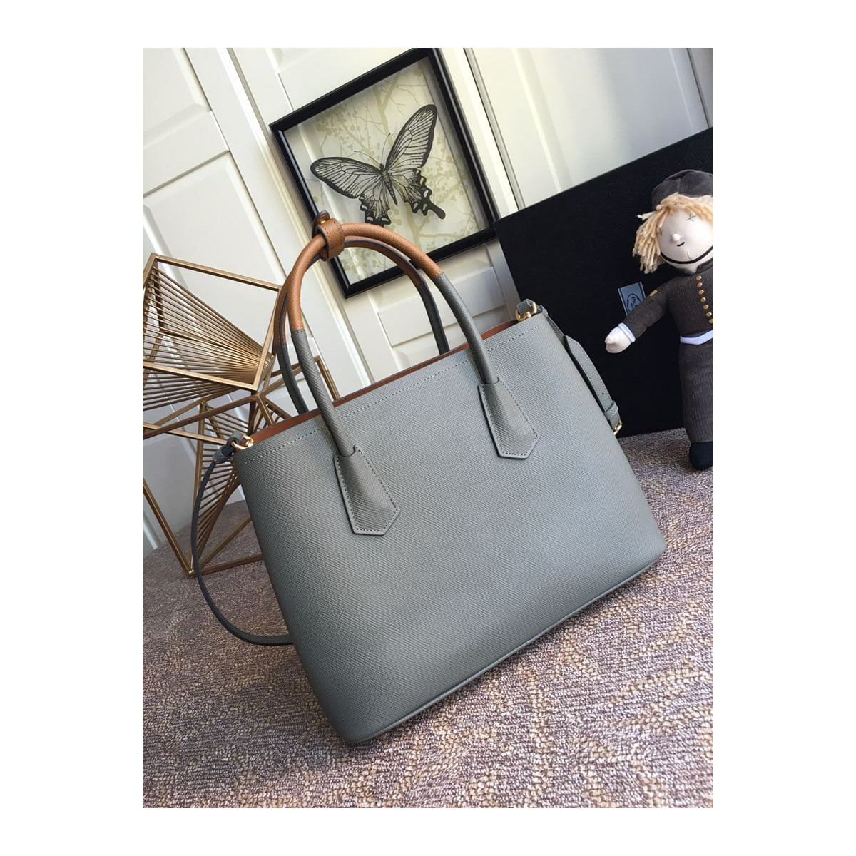 Prada Two-Tone Saffiano Leather Double Bag 1BG775 Grey/Brown