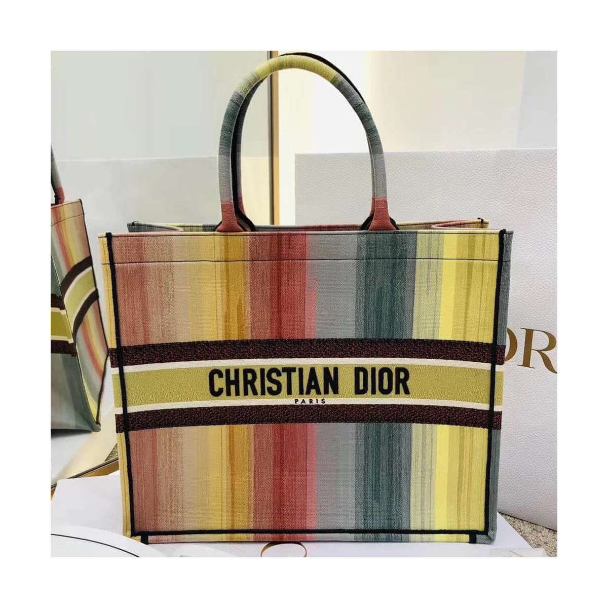 Dioraura Dior Book Tote Multicolor Stripe Embroidery M1286