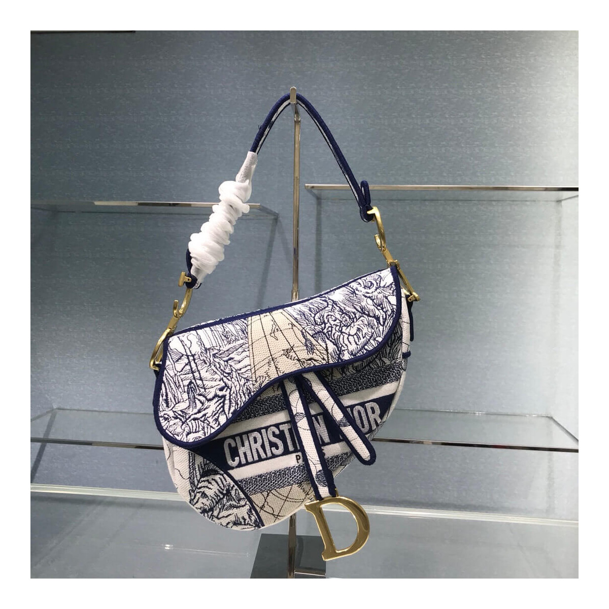 Christian Dior Saddle Bag in Blue Camouflage Embroidery M0446