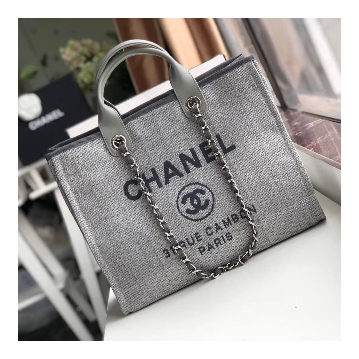 Chanel Deauville Tote 38cm Canvas Bag A66941 Ash Grey