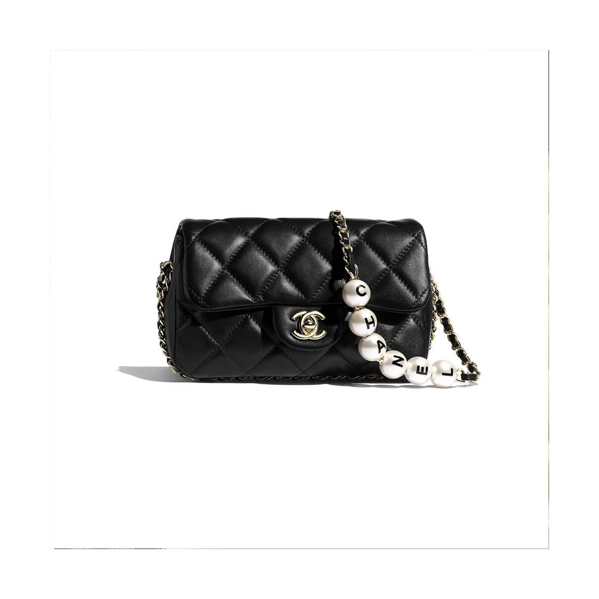 Chanel Small Pearl Logo Strap Flap Bag AS1436 Black