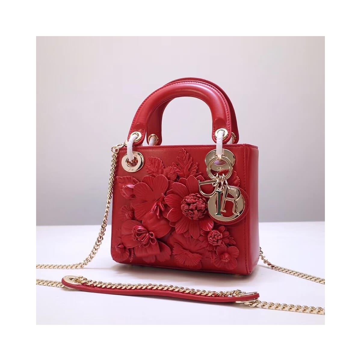 Christian Dior Lambskin Embroidered Flowers Mini &quot;Lady Dior&quot; Bag M0565