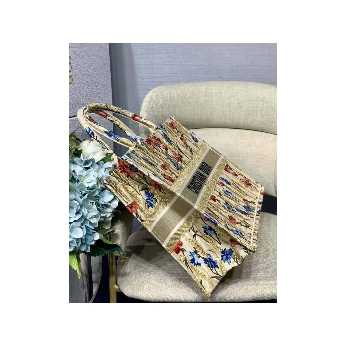 Dior Book Tote in Hibiscus Metallic Thread Embroidery M1286