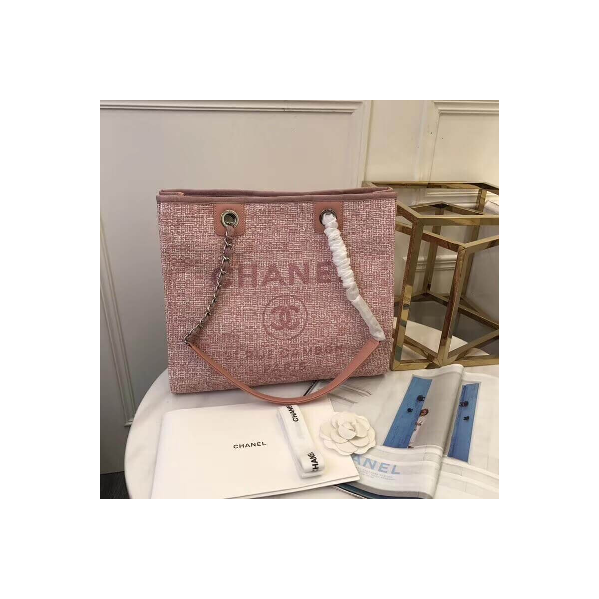 Chanel Deauville Chain Shoulder Tote 33cm Canvas Bag A66939