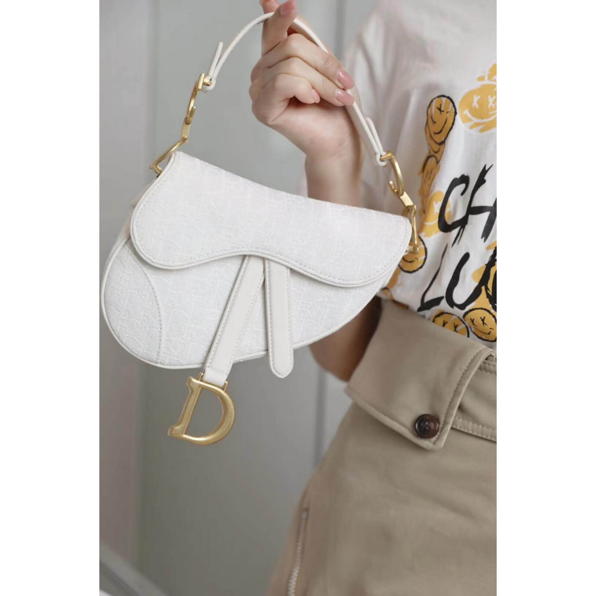 Christian Dior Mini Saddle Bag in White Oblique Jacquard M0447