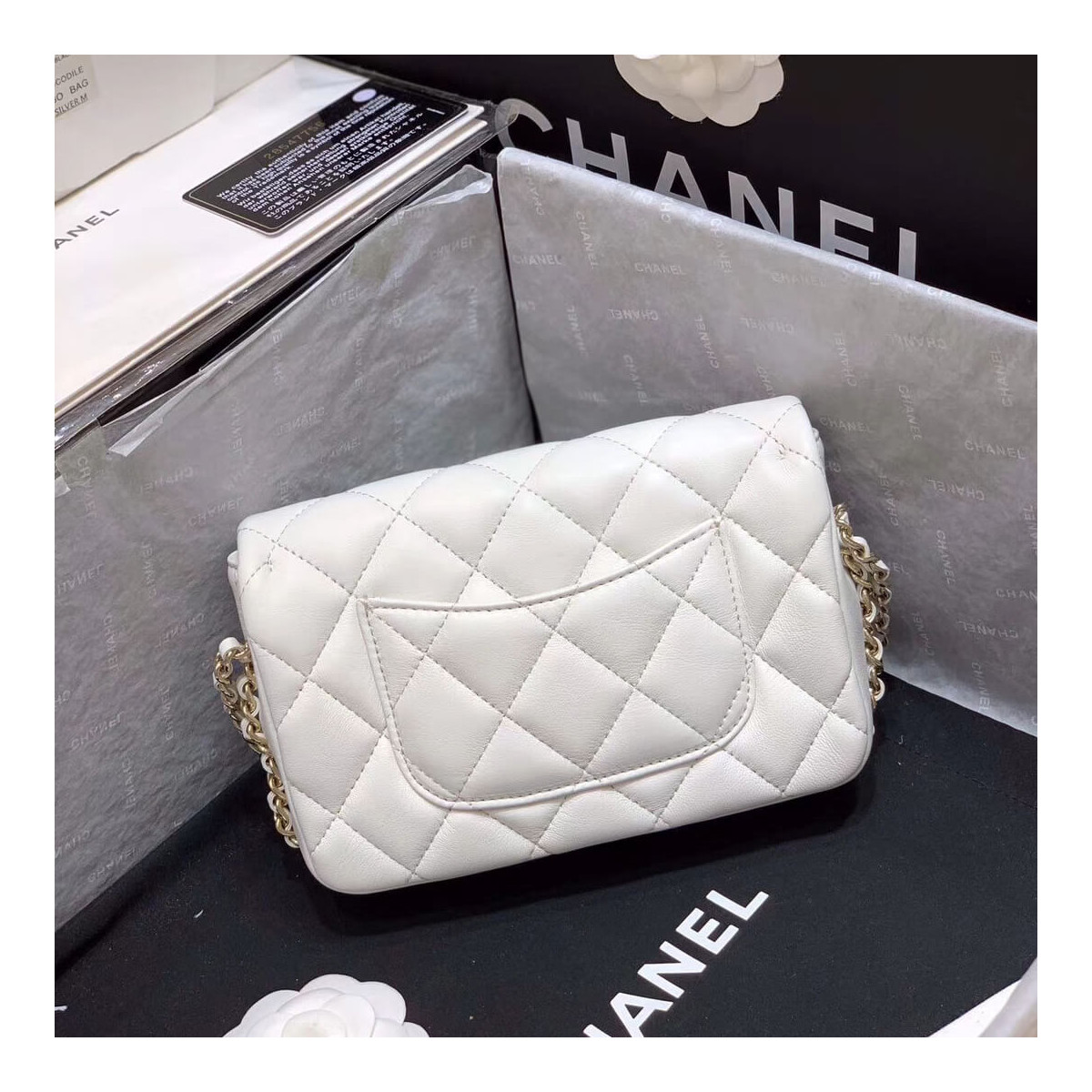 Chanel Small Pearl Logo Strap Flap Bag AS1436 White