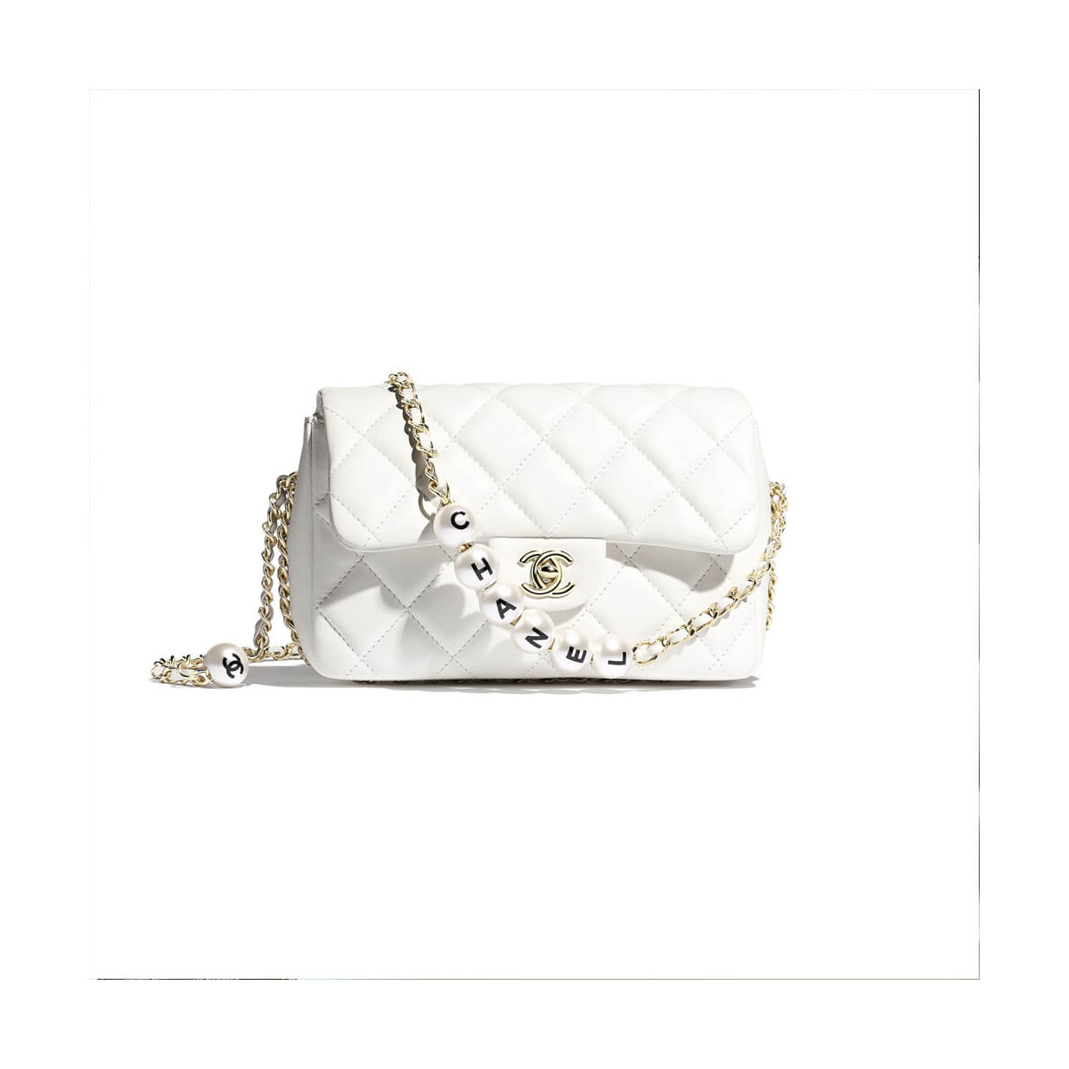 Chanel Small Pearl Logo Strap Flap Bag AS1436 White