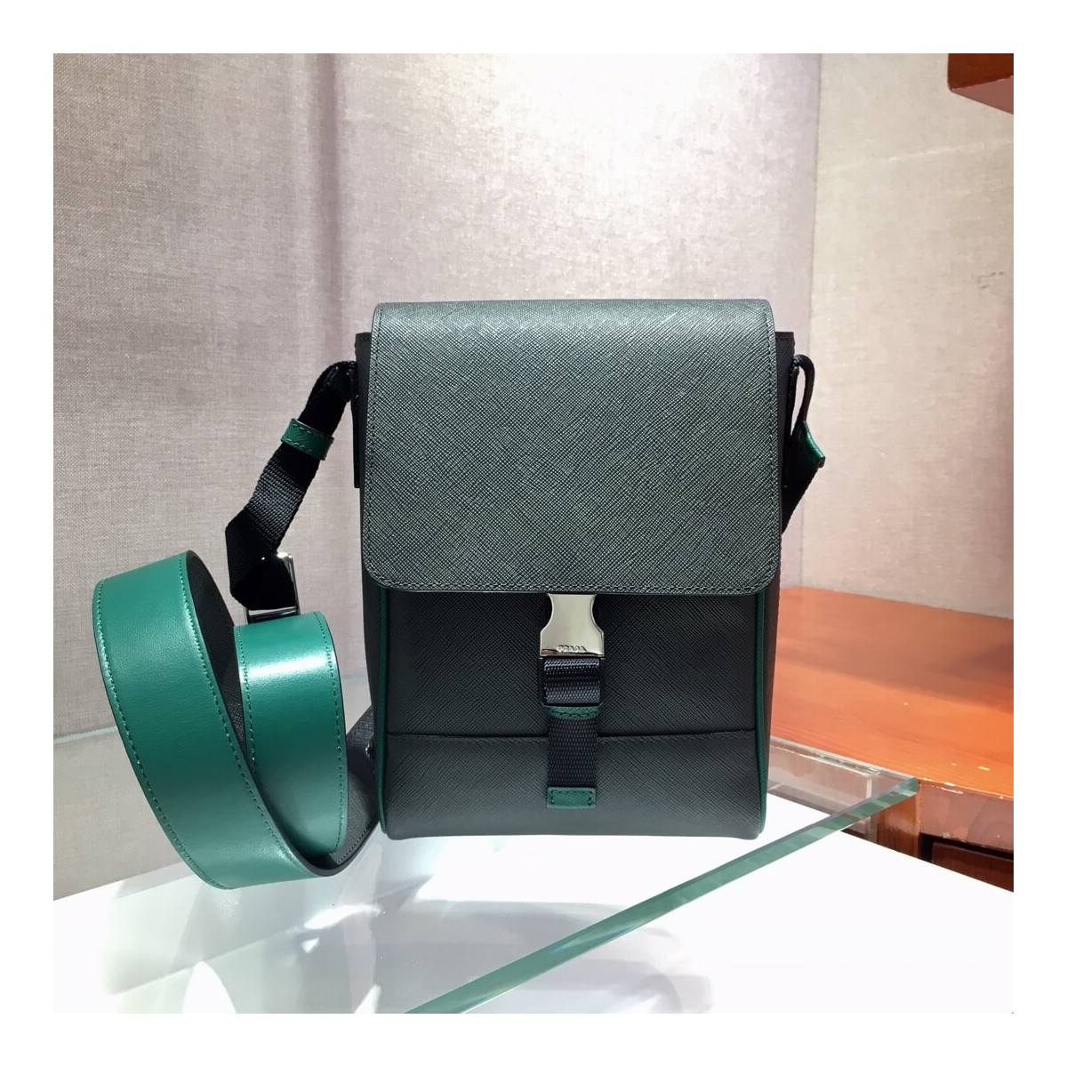 Prada Saffiano Leather Shoulder Bag 2VD019 Dark Green