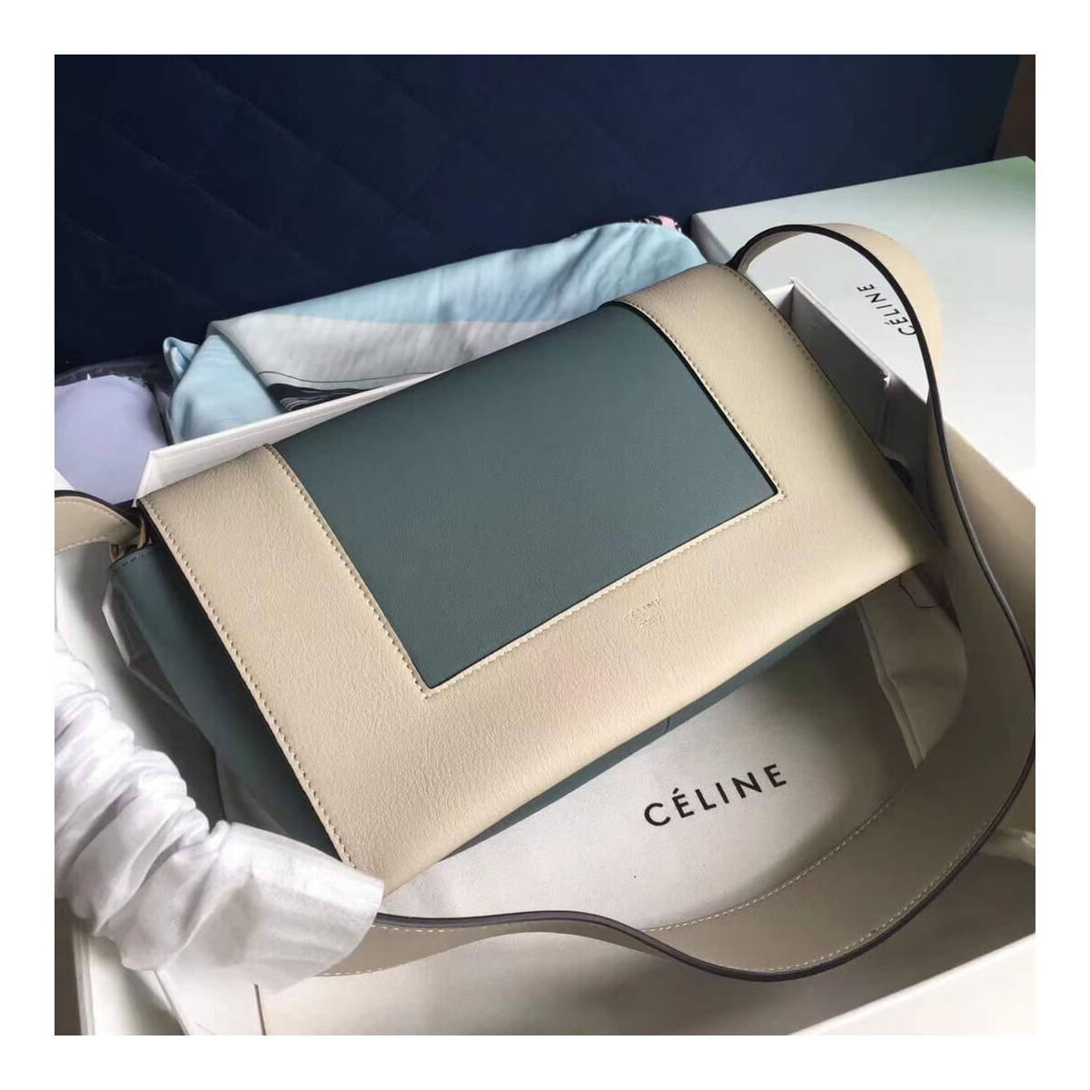 Celine Frame Medium Shoulder Bag 180263 White/Light Blue