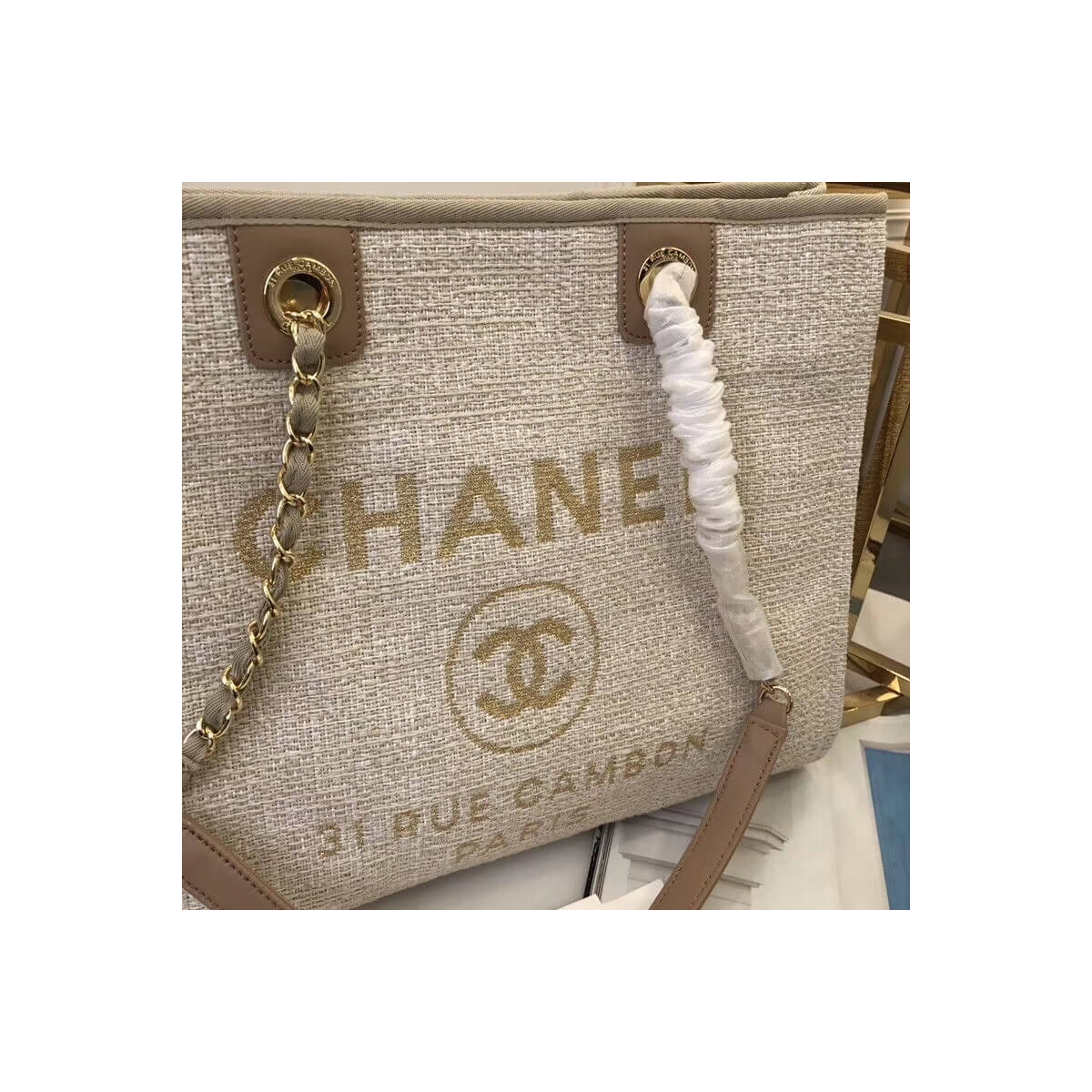 Chanel Deauville Chain Shoulder Tote 33cm Canvas Bag A66939