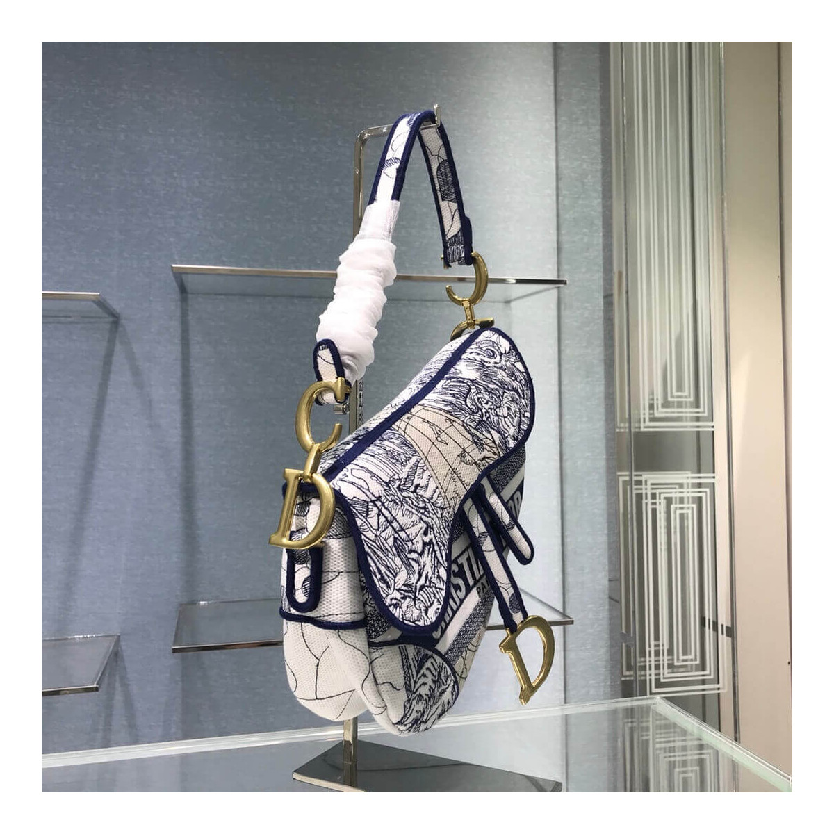 Christian Dior Saddle Bag in Blue Camouflage Embroidery M0446