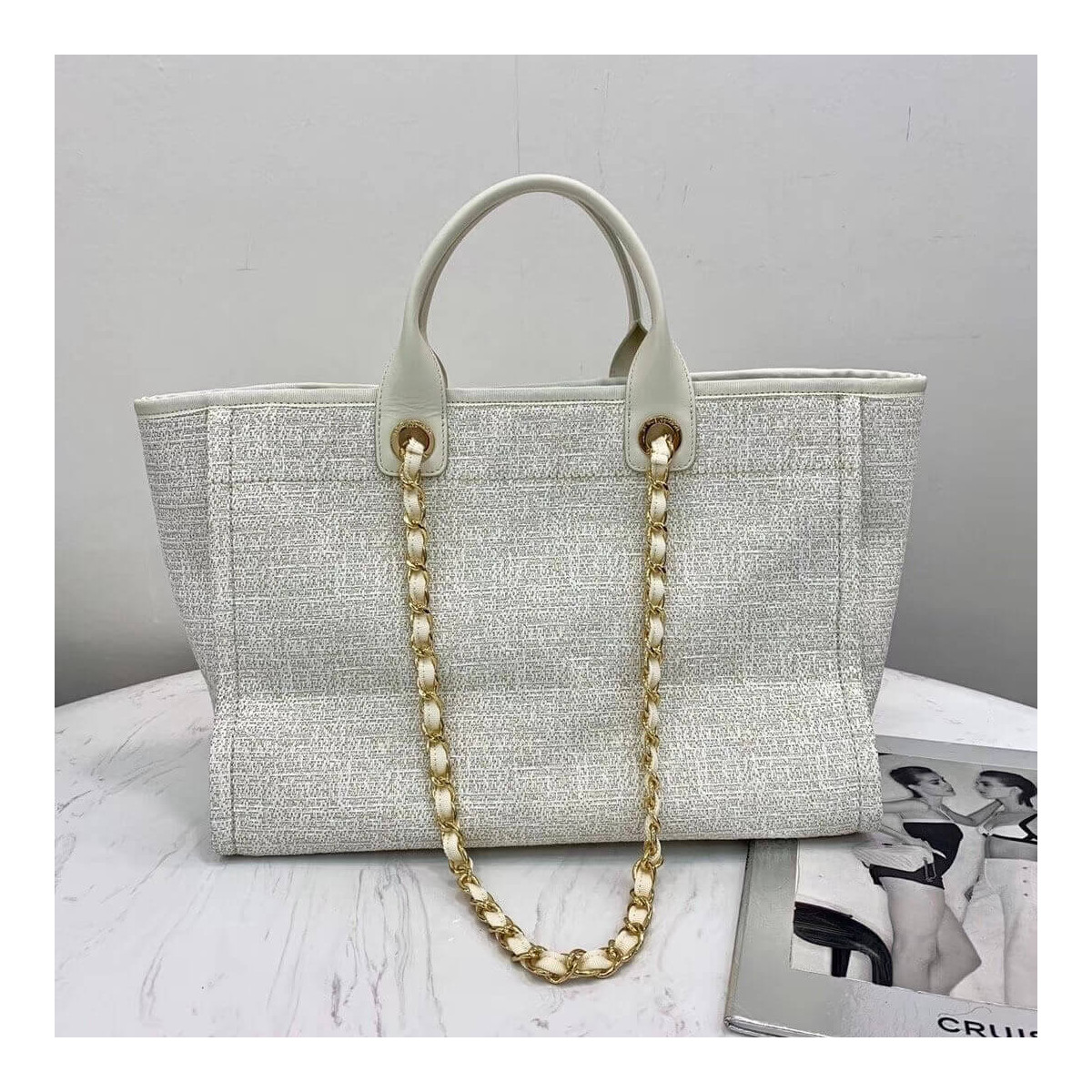 Chanel Deauville Tote 38cm Canvas Bag A66941 White/Gold