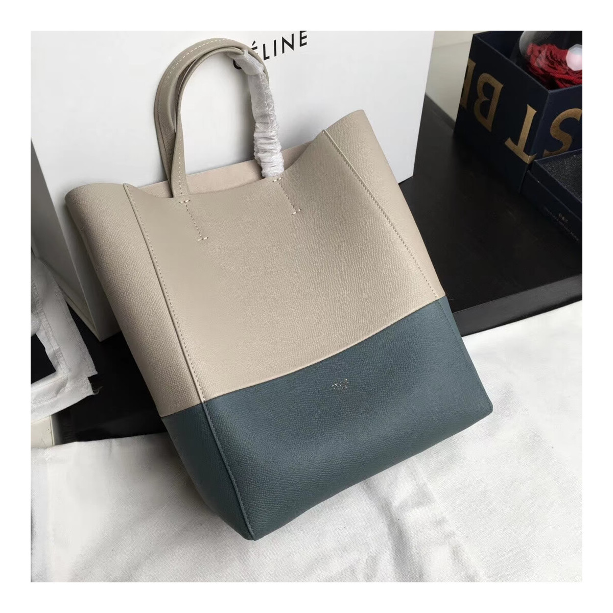 Celine Small Cabas In Grained Calfskin 189813 Beige/Light Blue