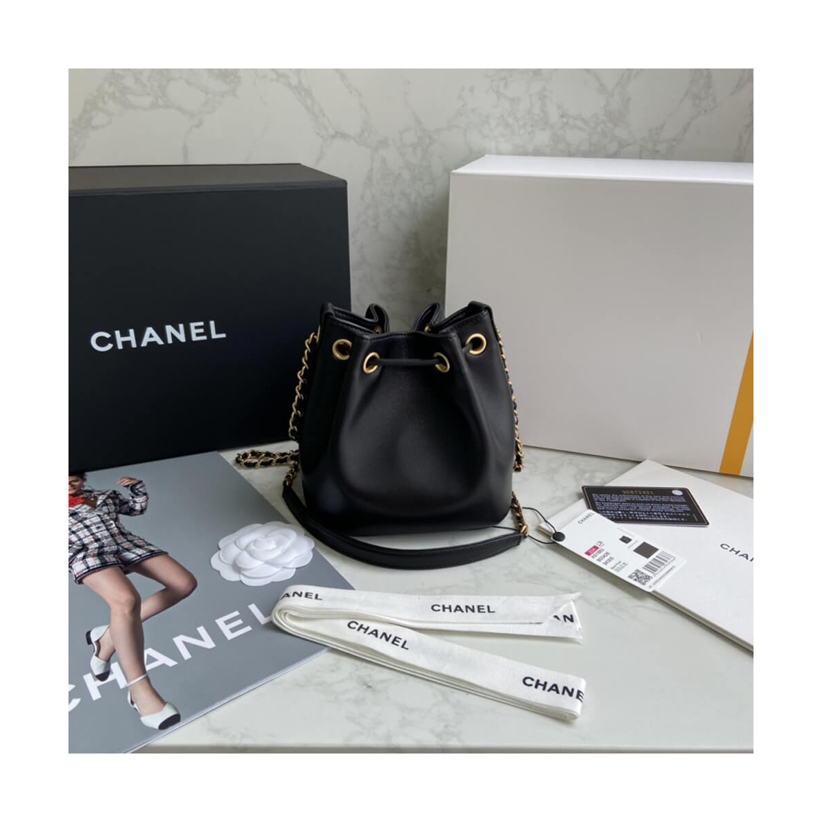 Chanel Studded CC Detail Drawstring Bucket Bag AS1883