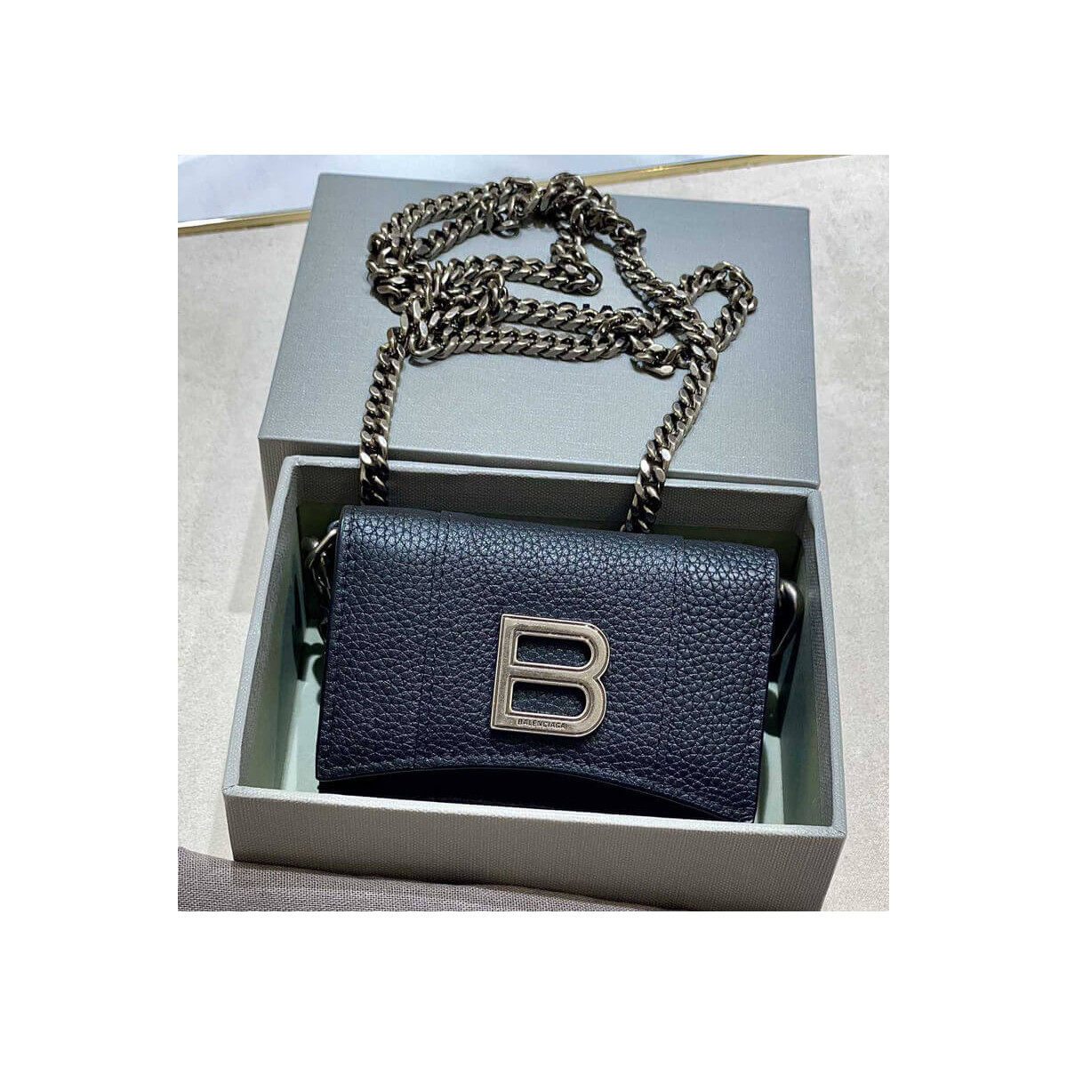 Balenciaga Black Hourglass Chain Strap Leather Wallet