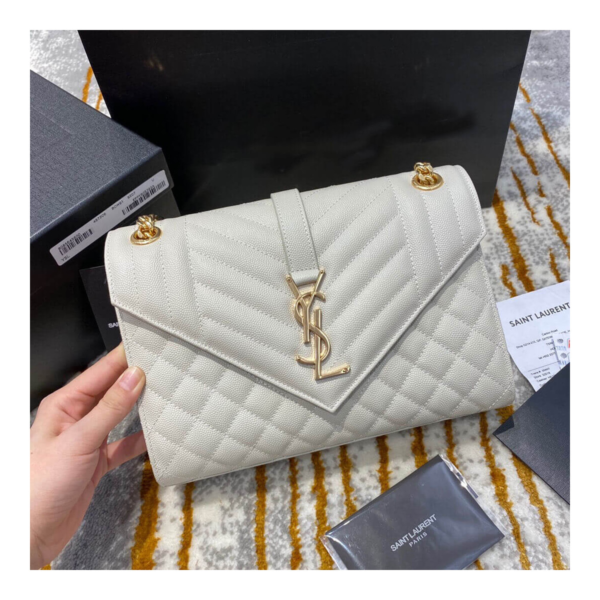 Saint Laurent Grain Leather Envelope Medium Bag 487206 White