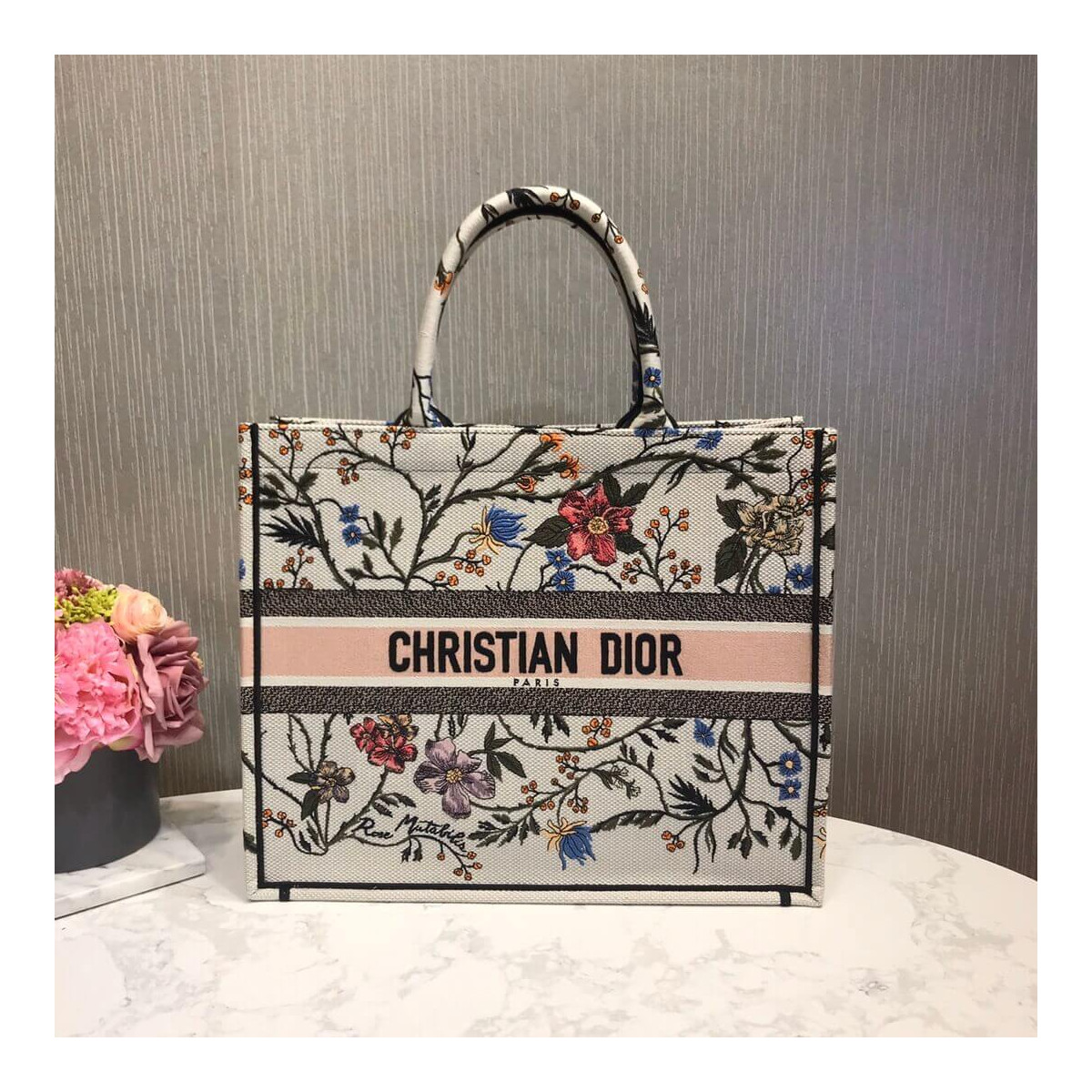 Christian Dior Book Tote Multicolor Rosa Mutabilis Embroidery M1286