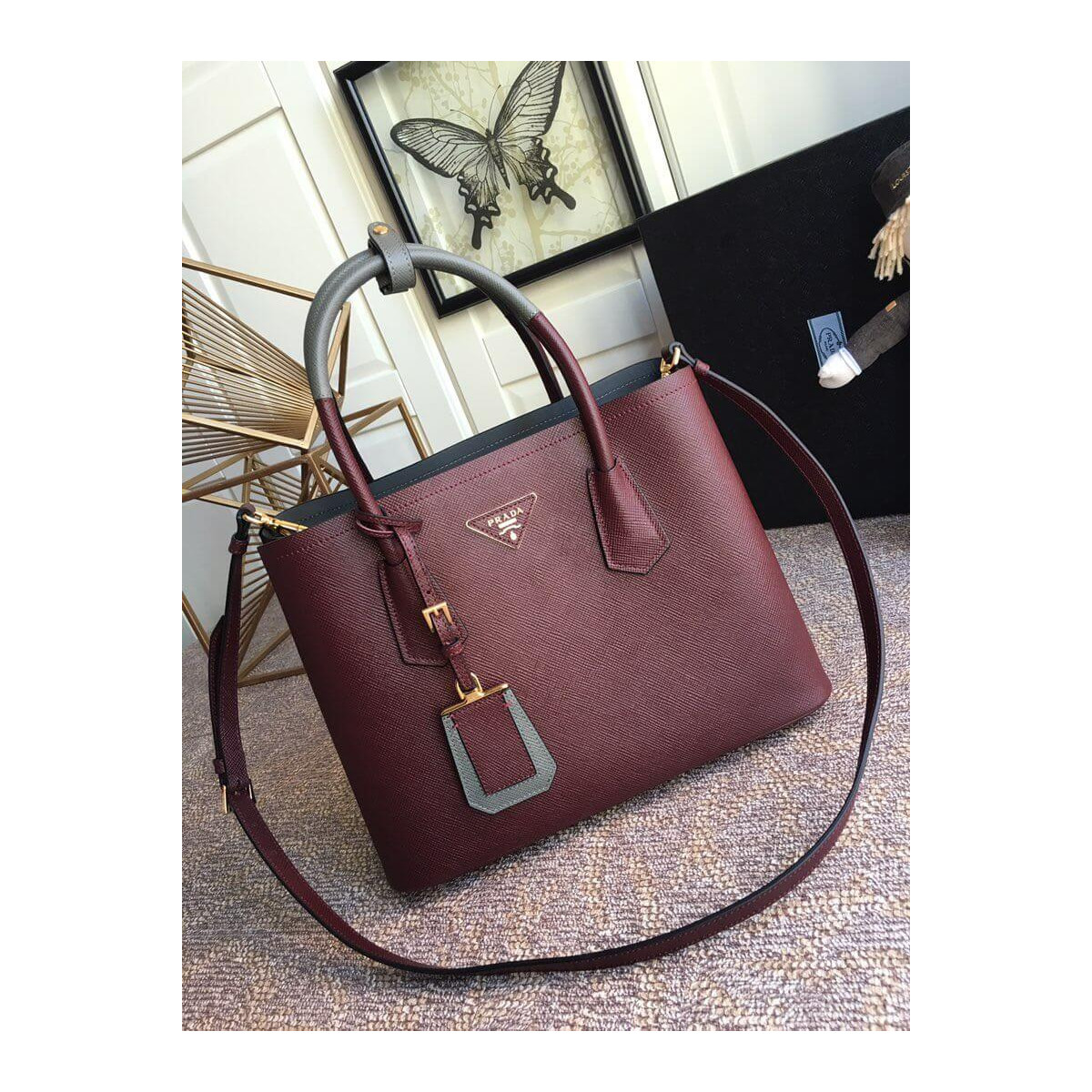 Prada Two-Tone Saffiano Leather Double Bag 1BG775 Burgundy/Grey