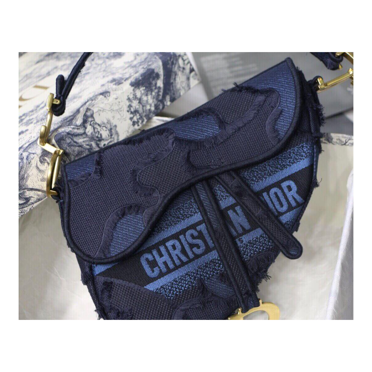 Dior Saddle Bag Blue Camouflage Embroidery M0446