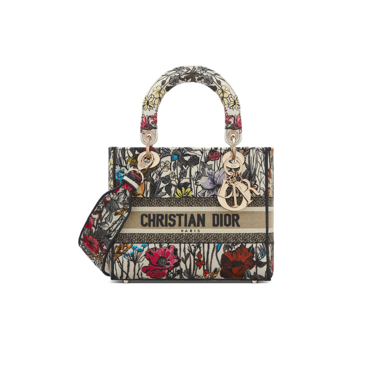 Dior Medium Lady D-Lite Bag in Multicolor Mille Fleurs Embroidery M0565