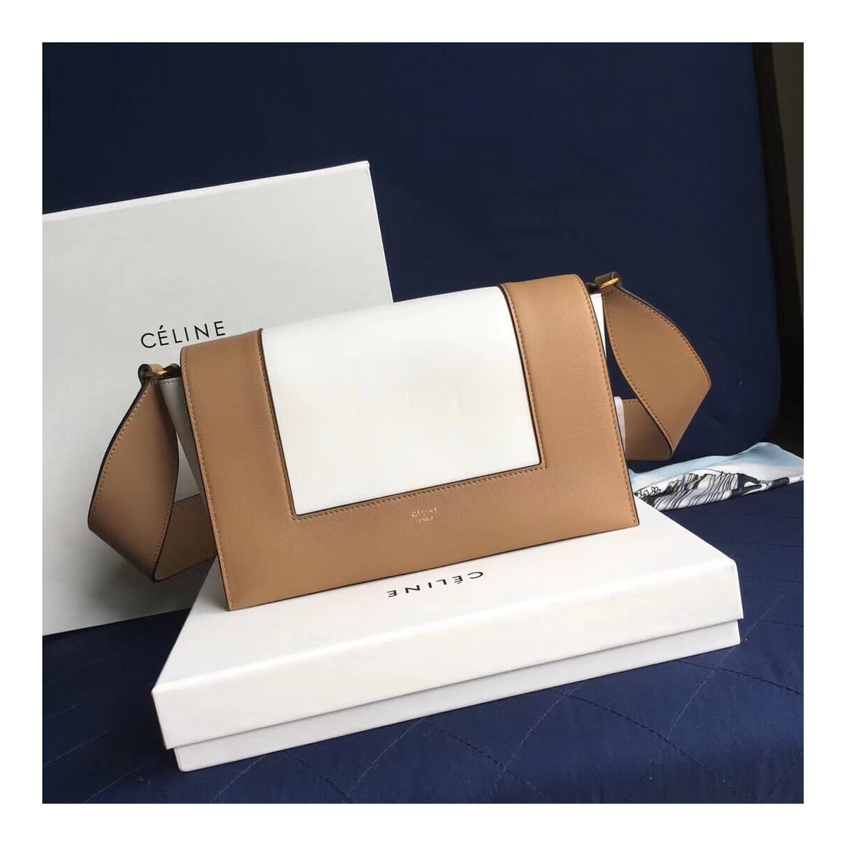 Celine Frame Medium Shoulder Bag 180263 Apricot/White