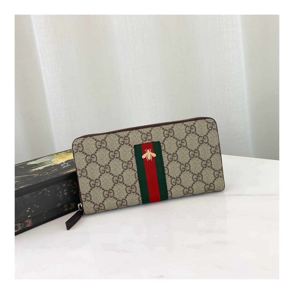 Gucci Bee Print Web GG Supreme Zip Around Wallet 408831