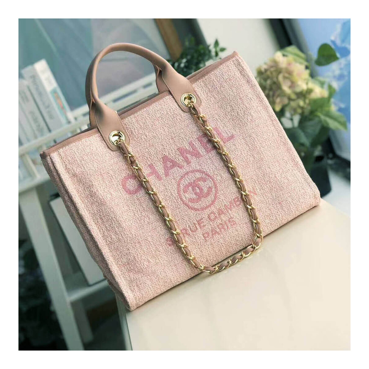 Chanel Deauville Tote 38cm Canvas Bag A66941 Poudre Pink