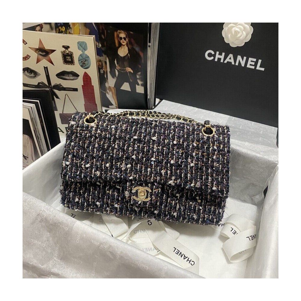 Chanel Classic Flap Bag in Navy Blue &amp; Multicolor Glittered Tweed 1112