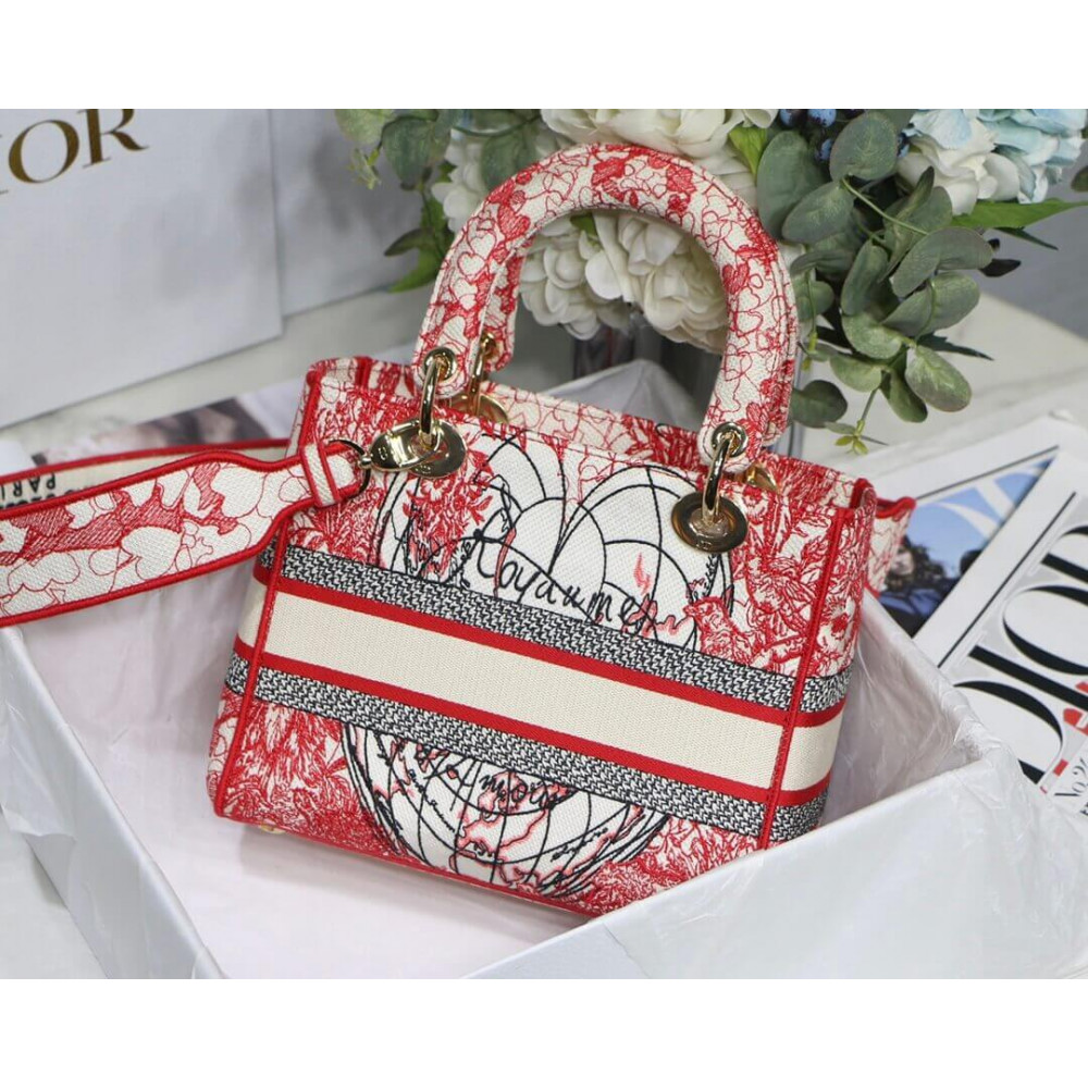 Christian Dior Medium Lady D-Lite Bag Red and White D-Royaume d&#039;Amour Embroidery M0565